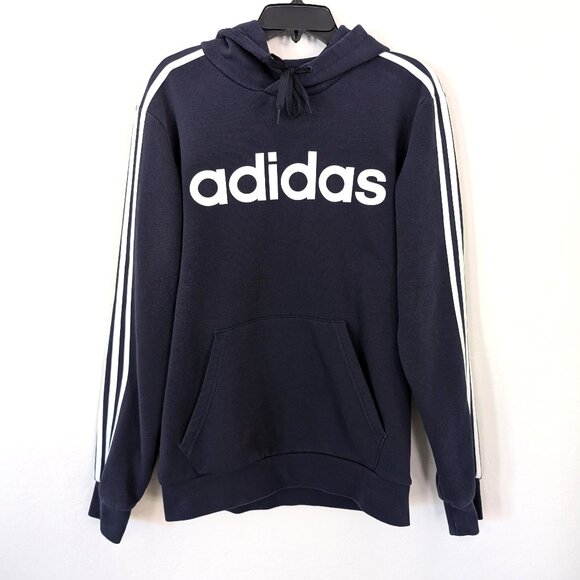 ADIDAS Sweatshirt Men's M Blue Three Striped Spellout Hooded Kangaroo Pocket‎ - Picture 1 of 10